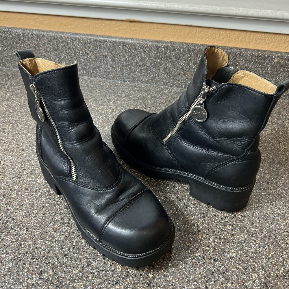 Double H Women’s 7.5 M Black Leather Biker Moto Boots Double Zip Chunky Lug Heel